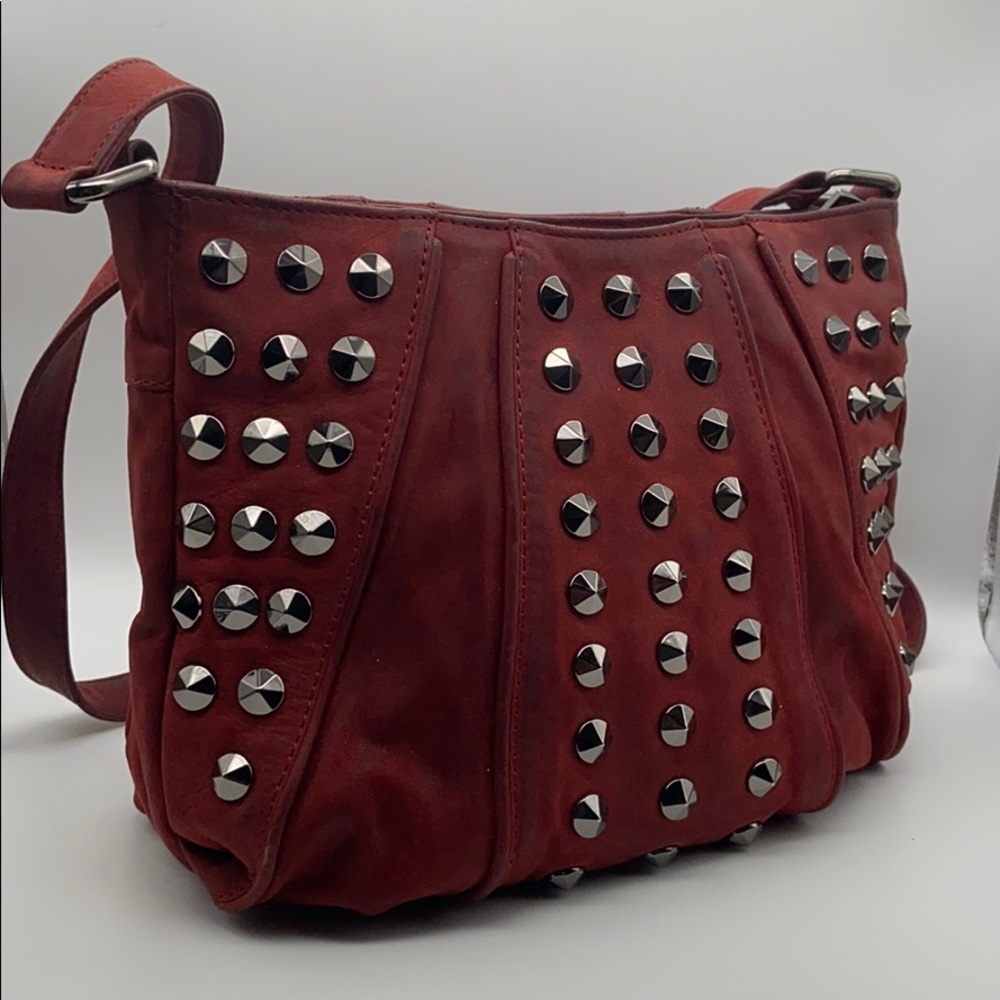 Treesje Suede red bag with studs and long strap